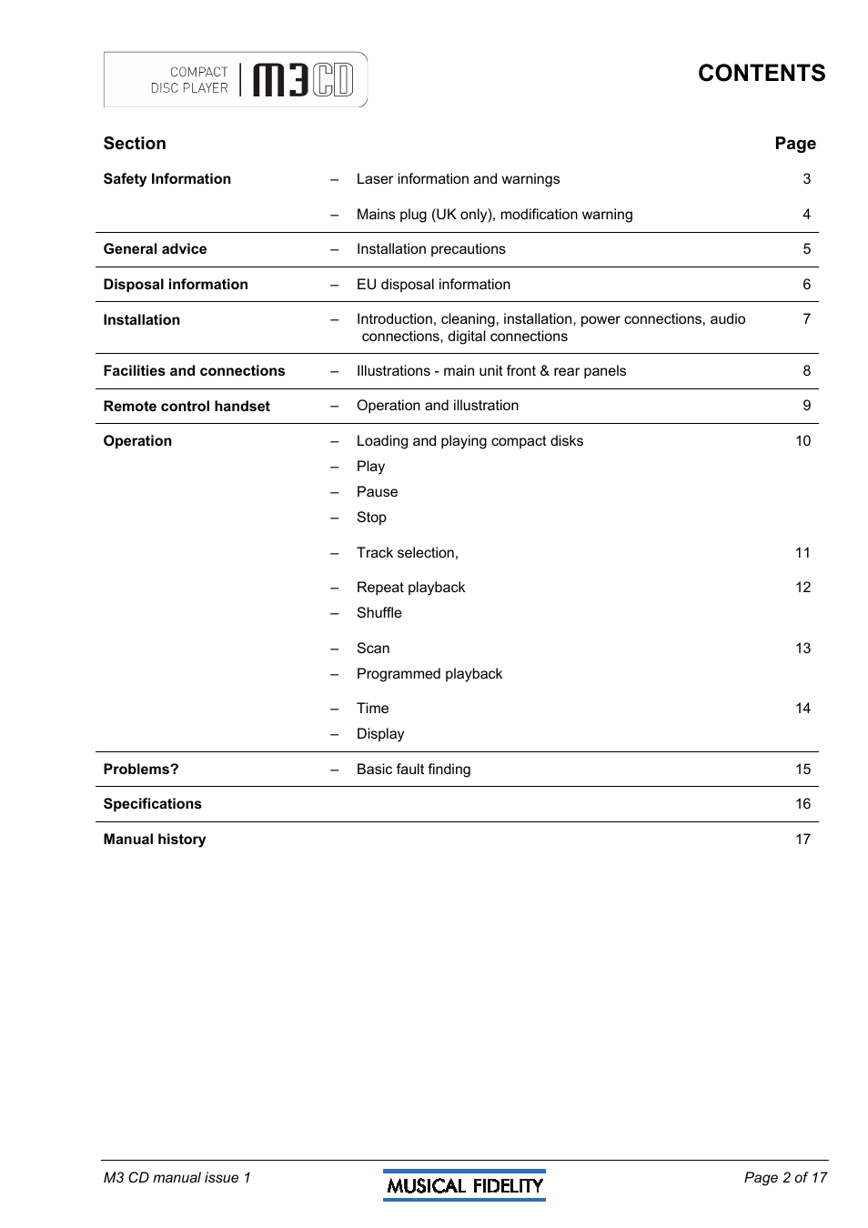 Musical Fidelity M3CD User Manual | Page 2 / 17