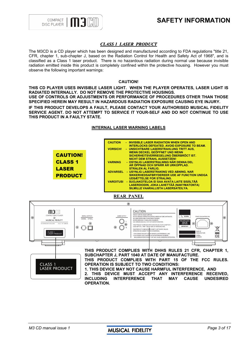 Safety information | Musical Fidelity M3CD User Manual | Page 3 / 17