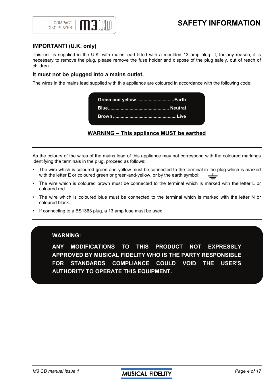 Safety information | Musical Fidelity M3CD User Manual | Page 4 / 17