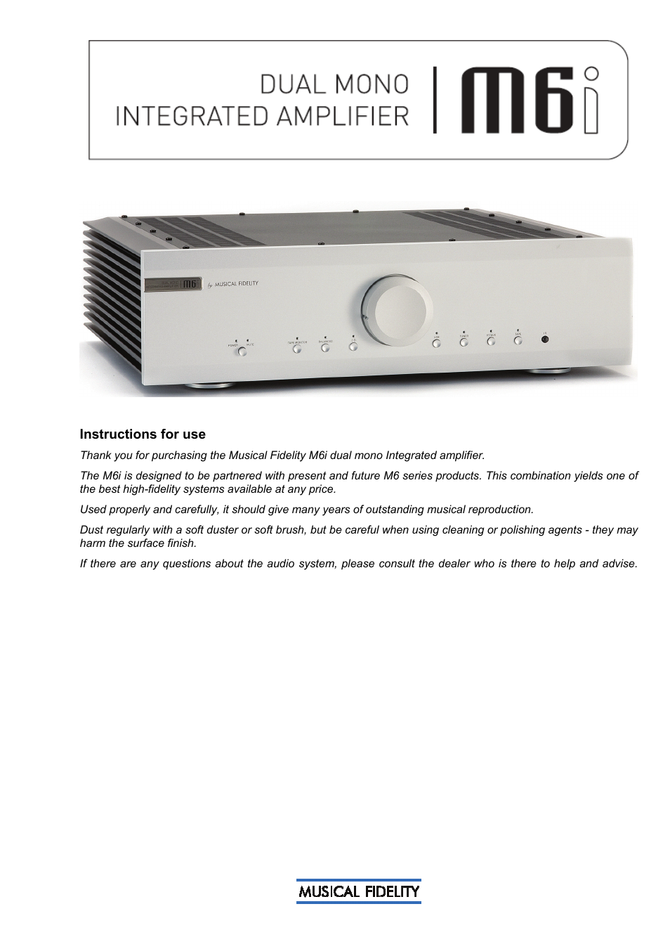 Musical Fidelity M6I User Manual | 14 pages