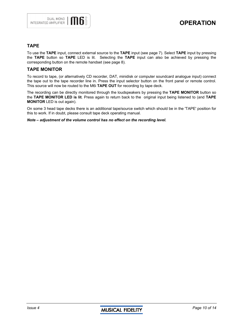 Operation | Musical Fidelity M6I User Manual | Page 10 / 14