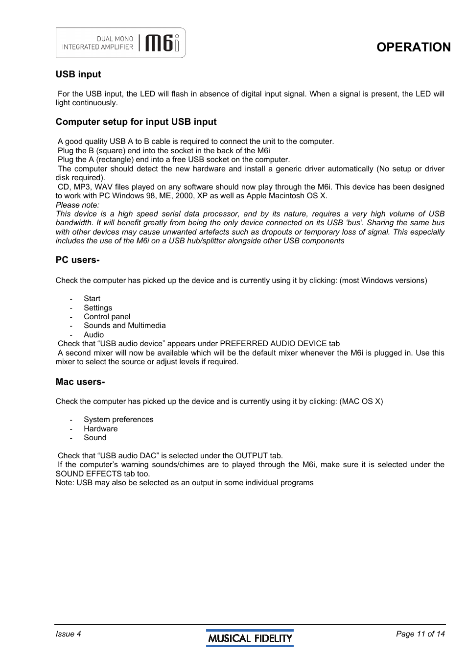 Operation | Musical Fidelity M6I User Manual | Page 11 / 14