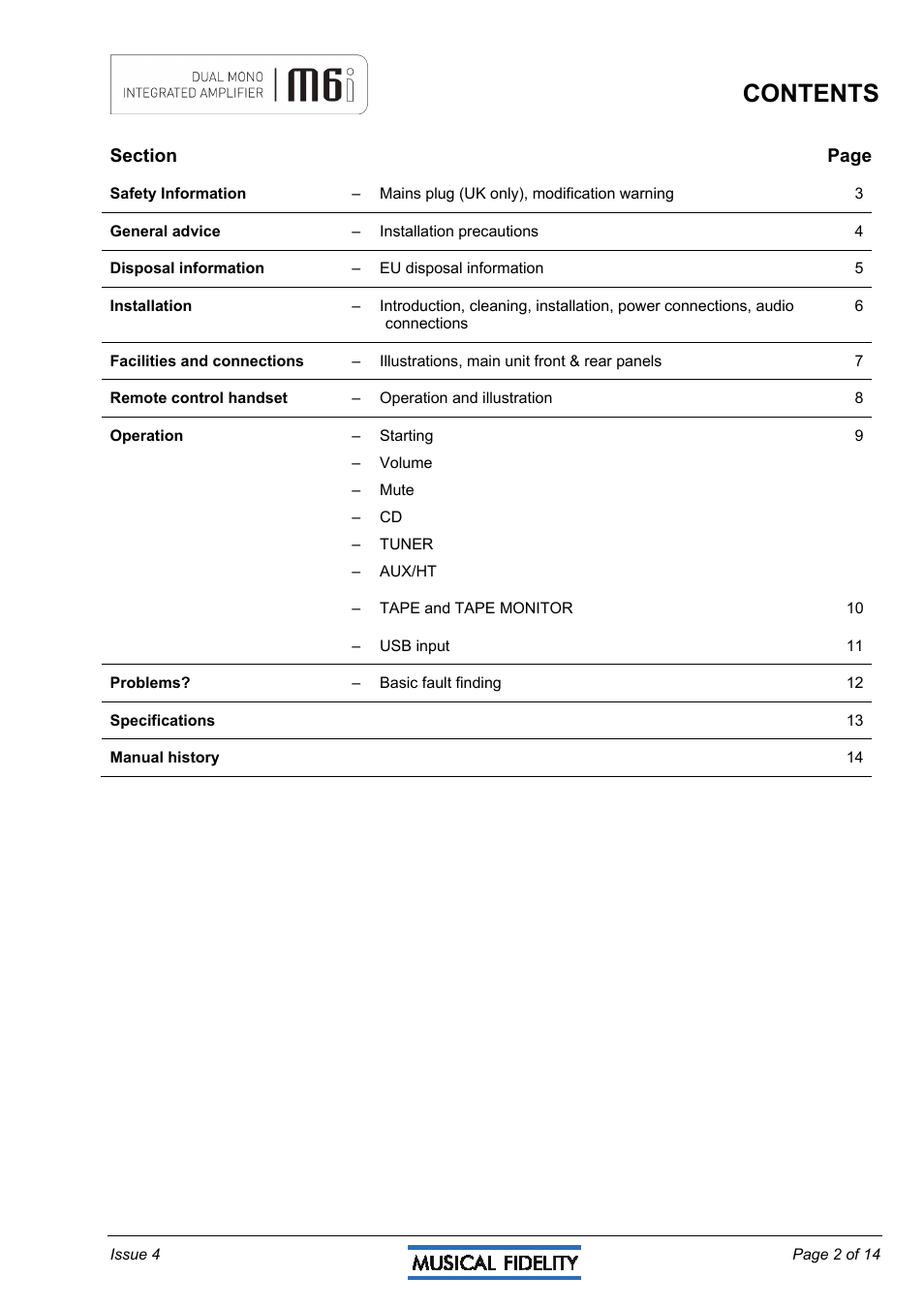 Musical Fidelity M6I User Manual | Page 2 / 14