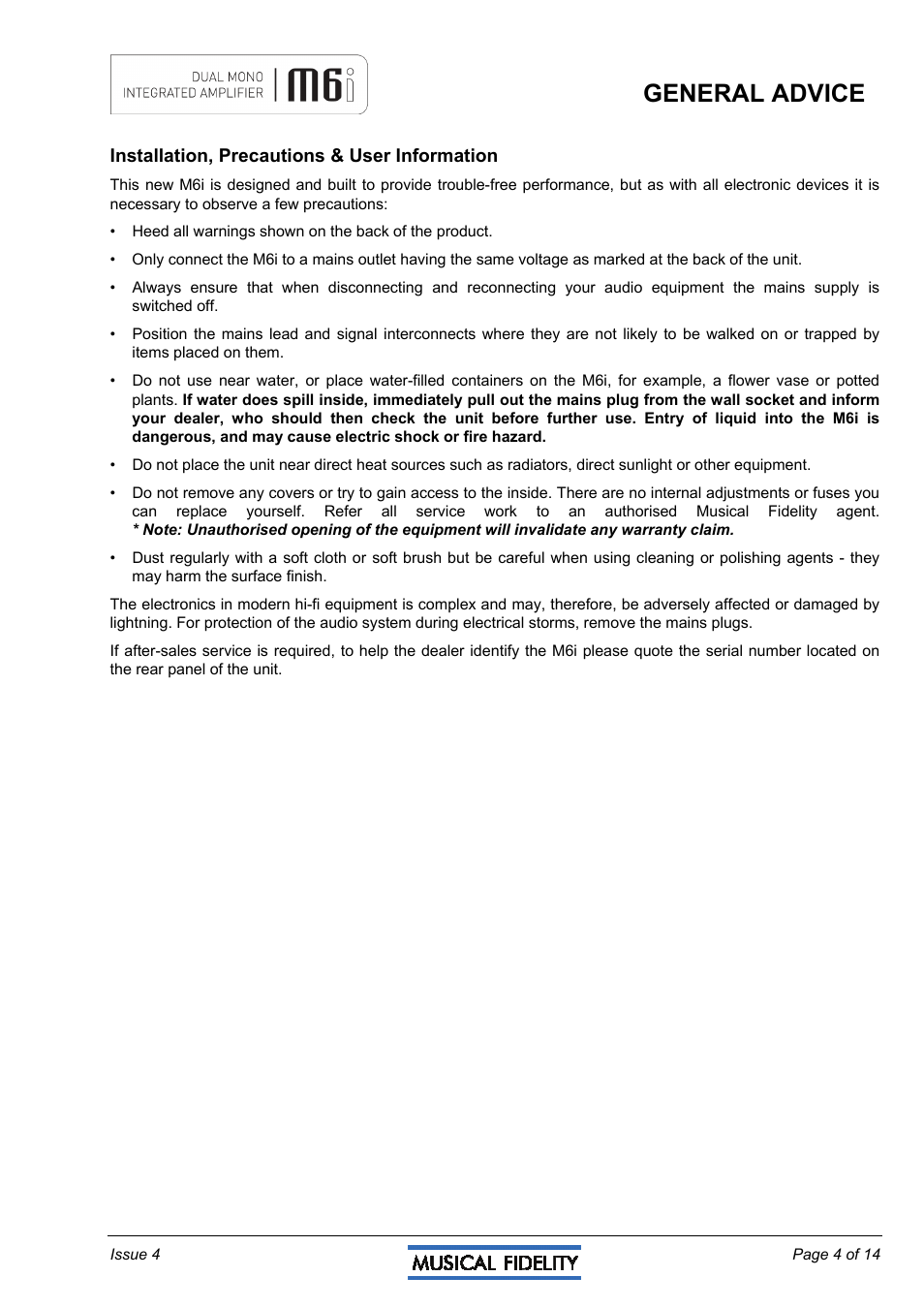 General advice | Musical Fidelity M6I User Manual | Page 4 / 14