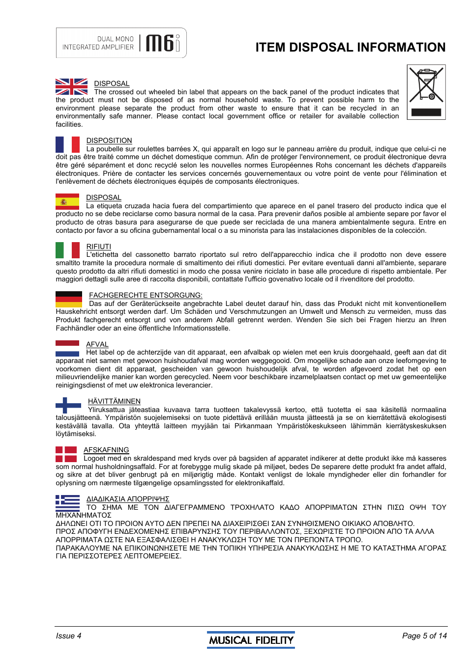 Item disposal information | Musical Fidelity M6I User Manual | Page 5 / 14