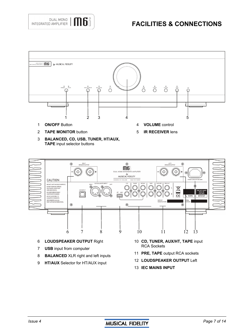 Facilities & connections | Musical Fidelity M6I User Manual | Page 7 / 14