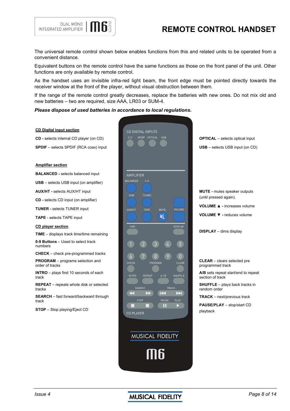 Remote control handset | Musical Fidelity M6I User Manual | Page 8 / 14