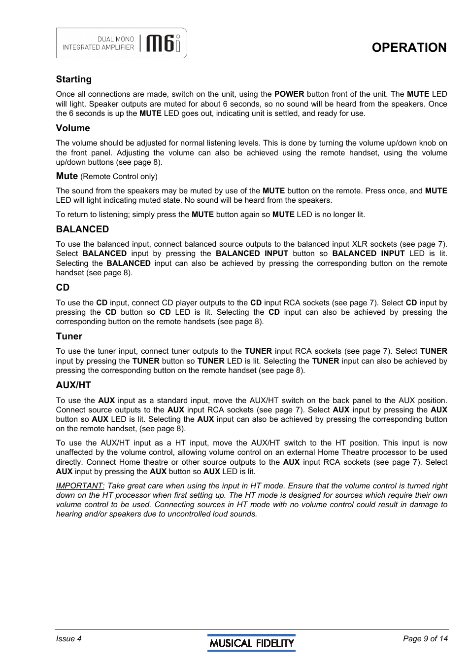 Operation | Musical Fidelity M6I User Manual | Page 9 / 14