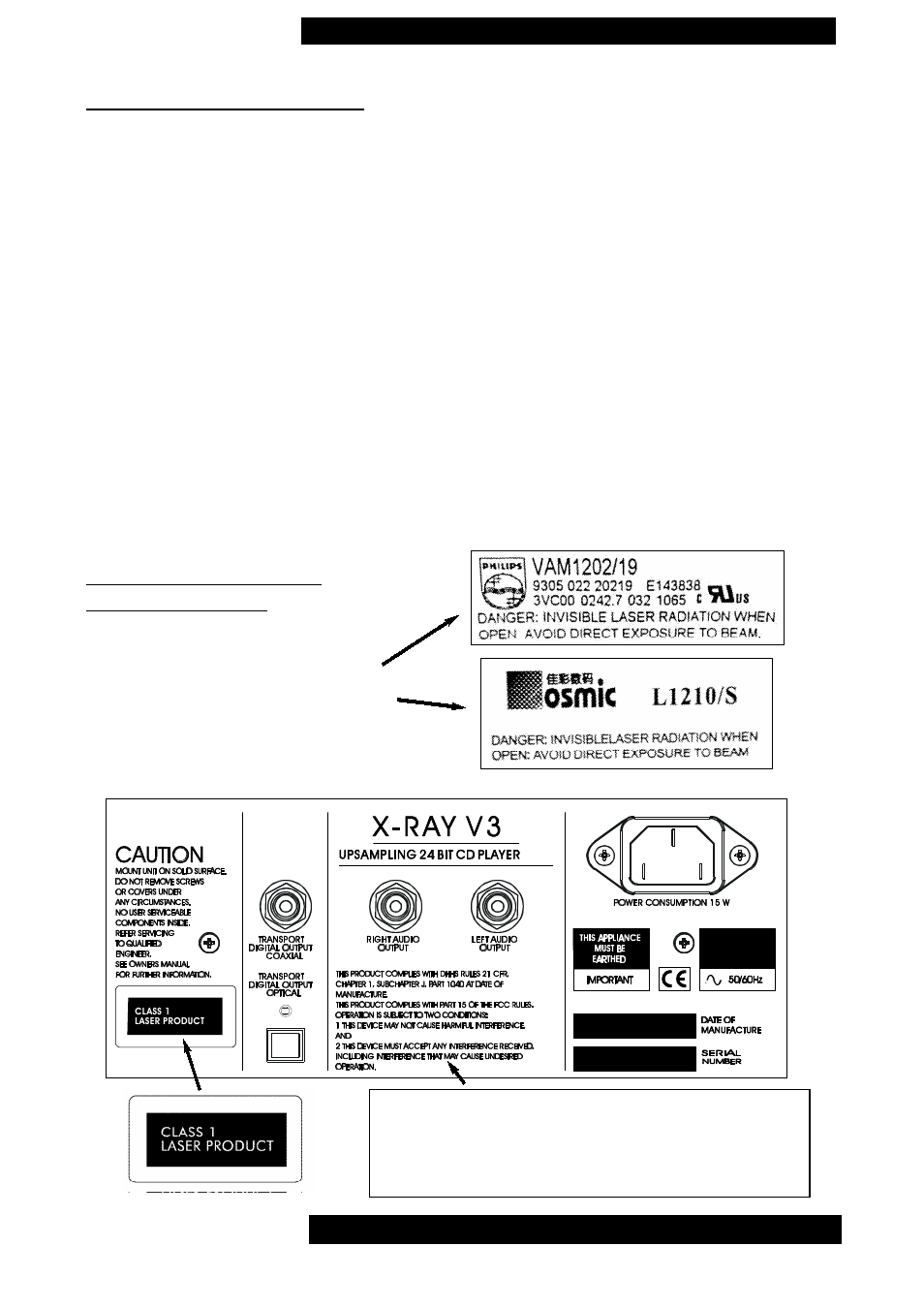 Safety information, Class 1 laser product, Caution | Warning and infor- mation labels | Musical Fidelity X-RAY V3 User Manual | Page 4 / 16