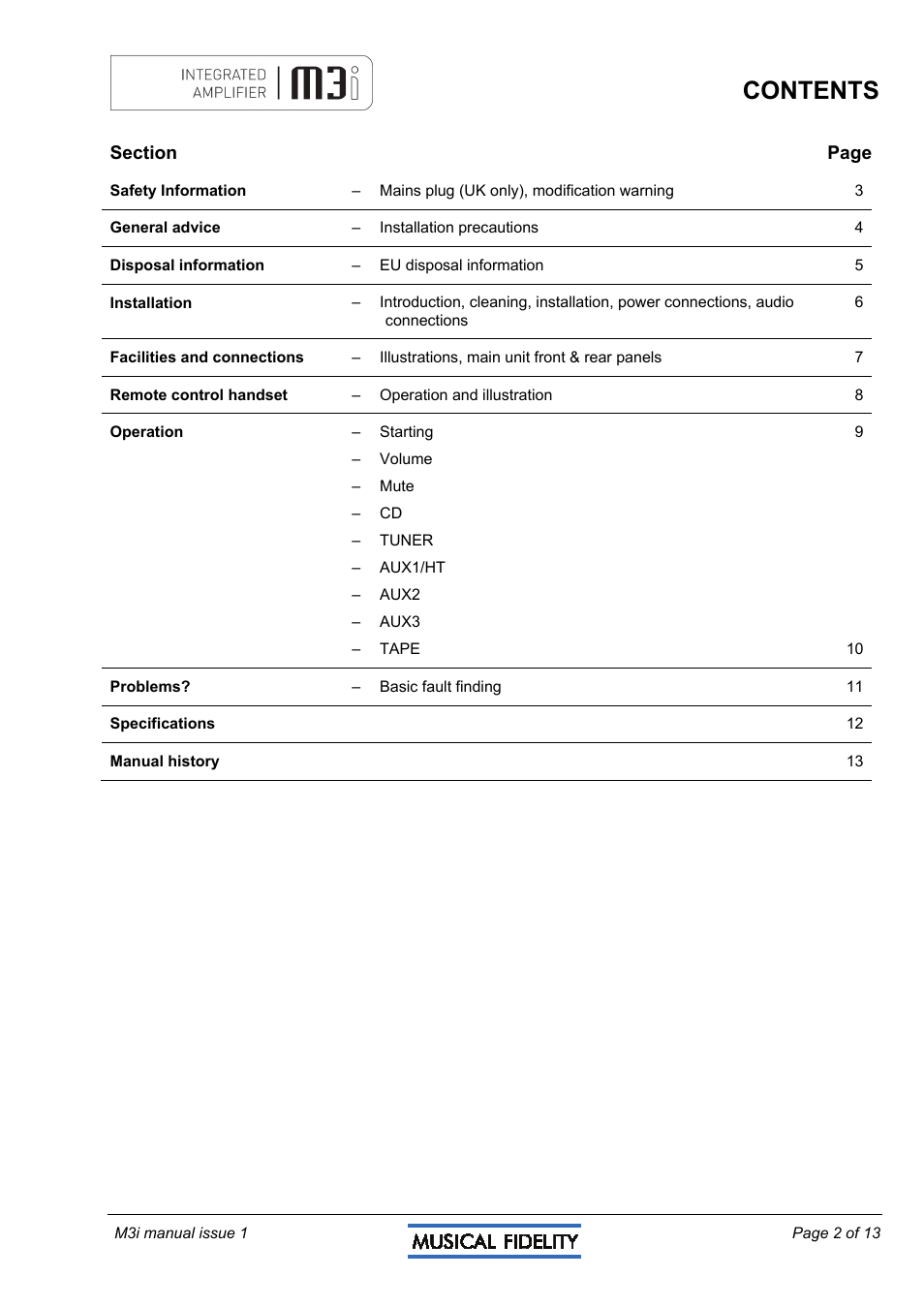 Musical Fidelity M3I User Manual | Page 2 / 13