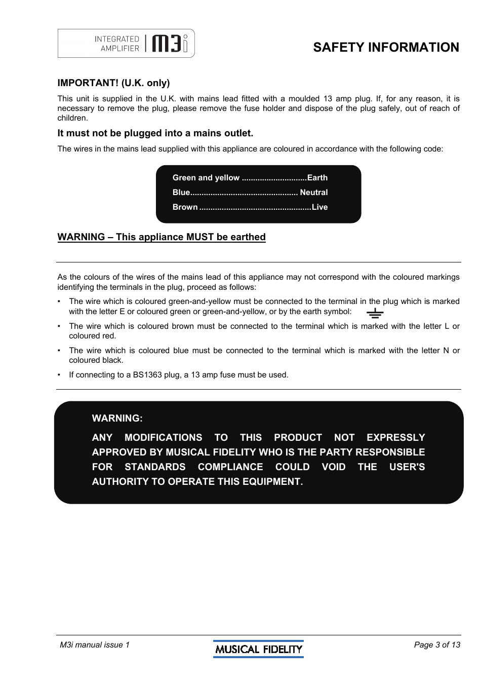 Safety information | Musical Fidelity M3I User Manual | Page 3 / 13