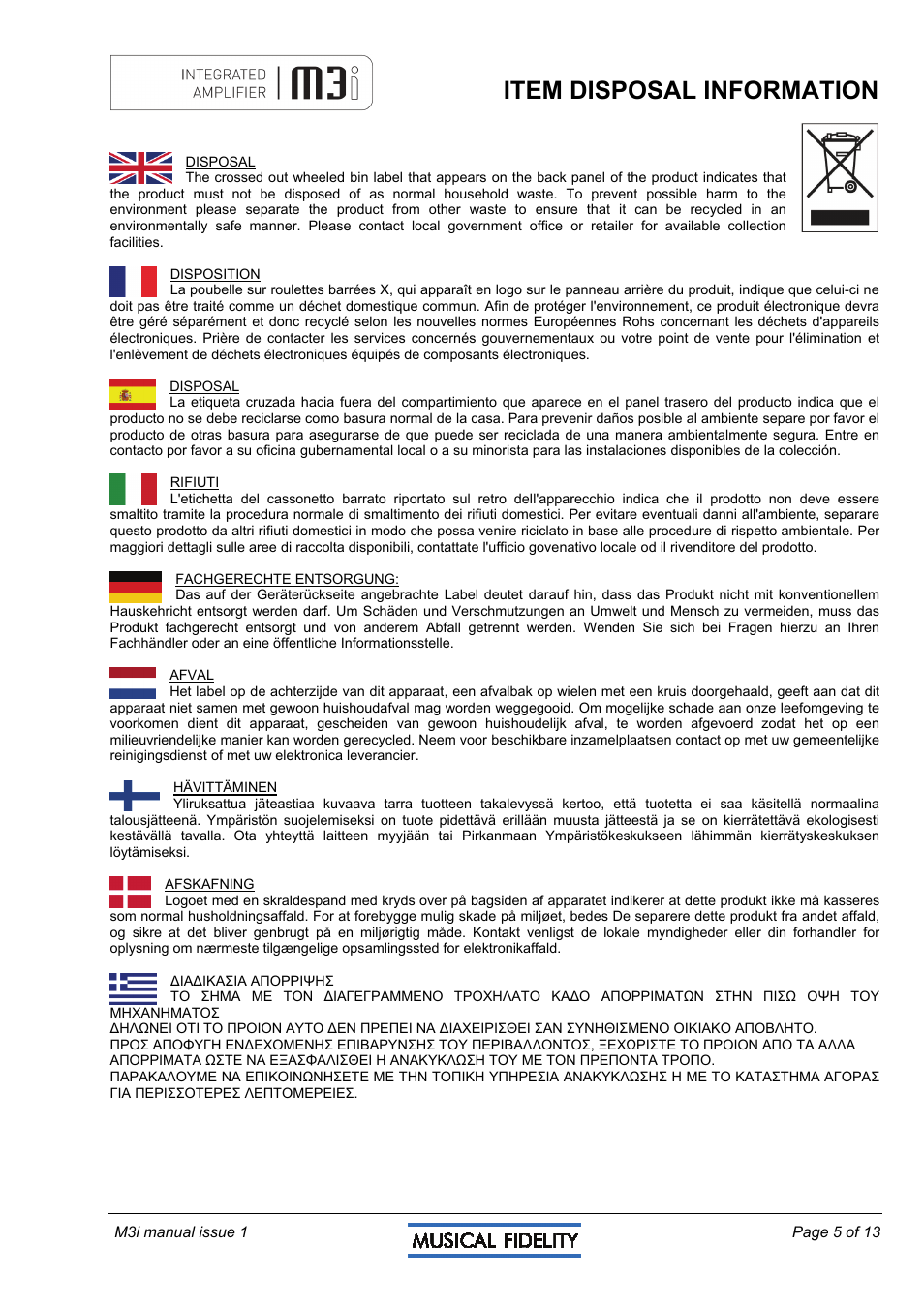 Item disposal information | Musical Fidelity M3I User Manual | Page 5 / 13