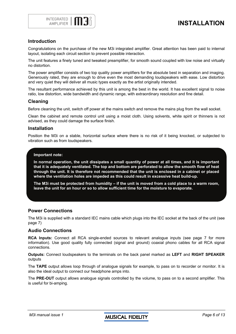 Installation | Musical Fidelity M3I User Manual | Page 6 / 13