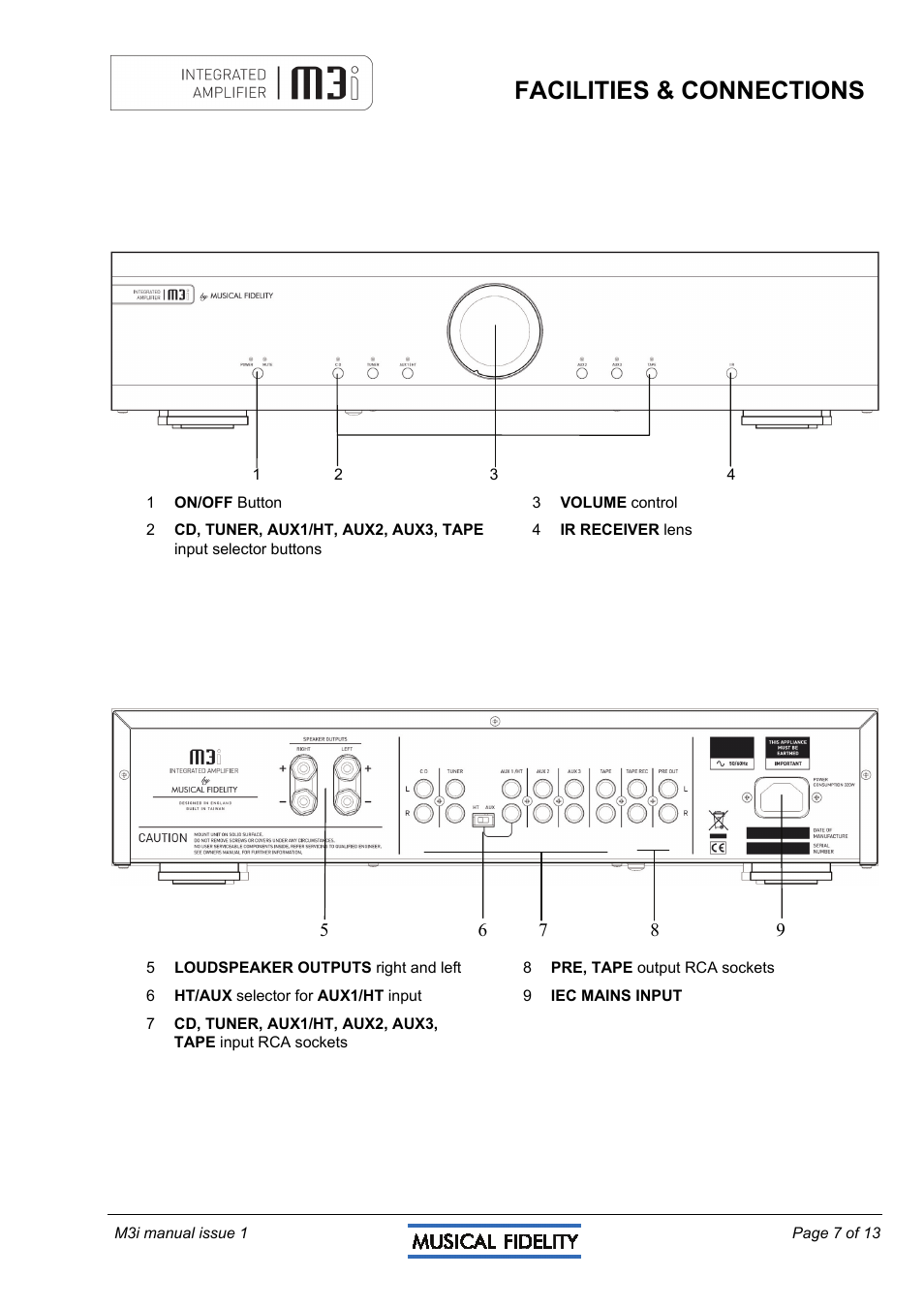 Facilities & connections | Musical Fidelity M3I User Manual | Page 7 / 13
