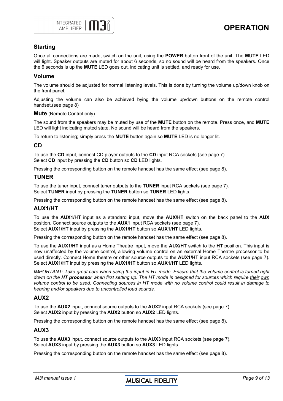 Operation | Musical Fidelity M3I User Manual | Page 9 / 13