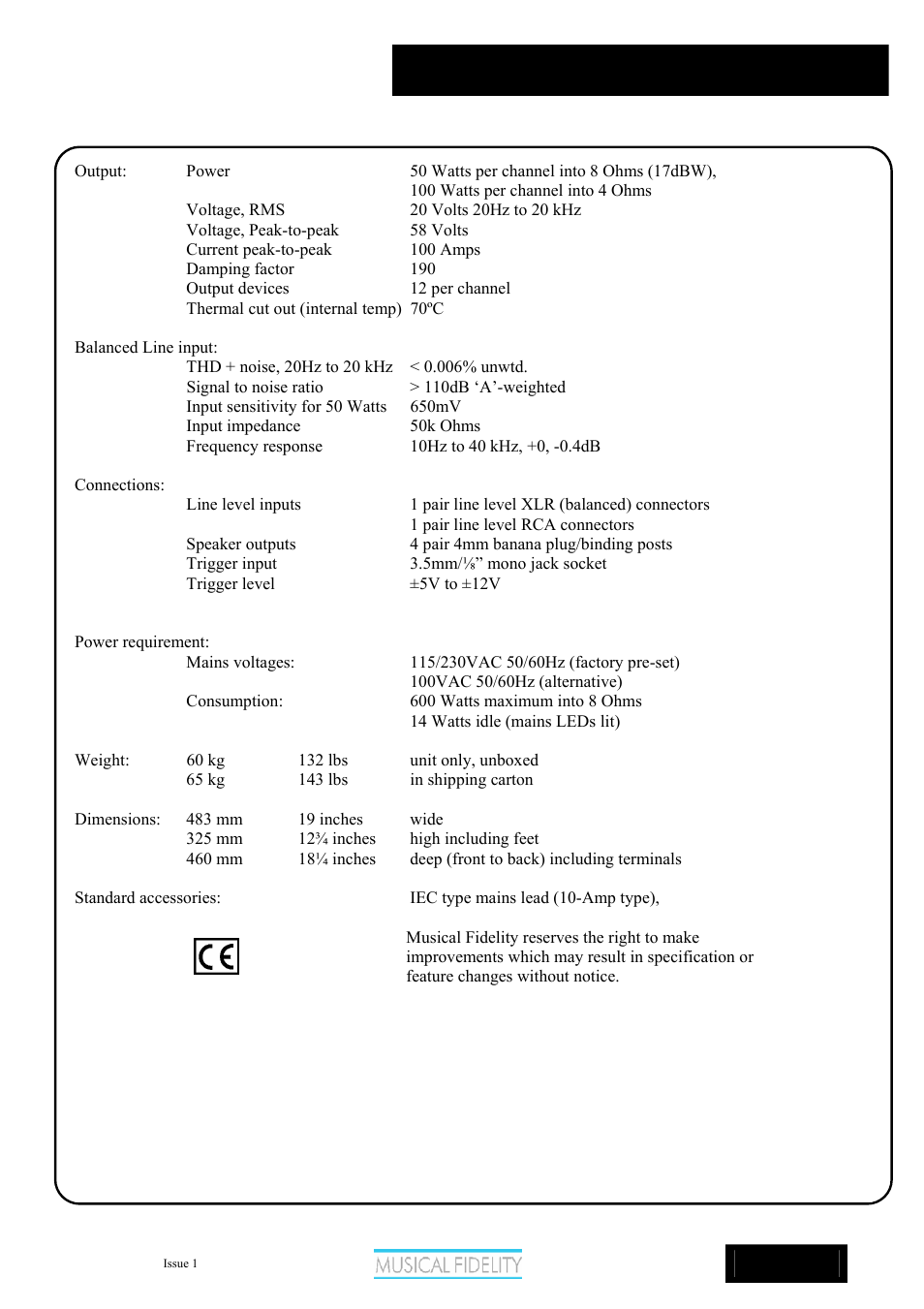 Ams50, Amplifier specifications | Musical Fidelity AMS50 User Manual | Page 11 / 12