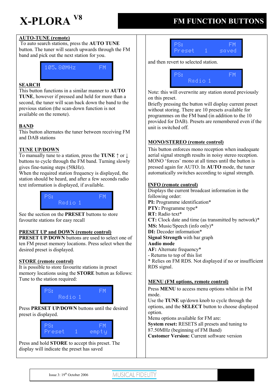 X-plora, Fm function buttons | Musical Fidelity X-PLORA X-V8 User Manual | Page 11 / 14
