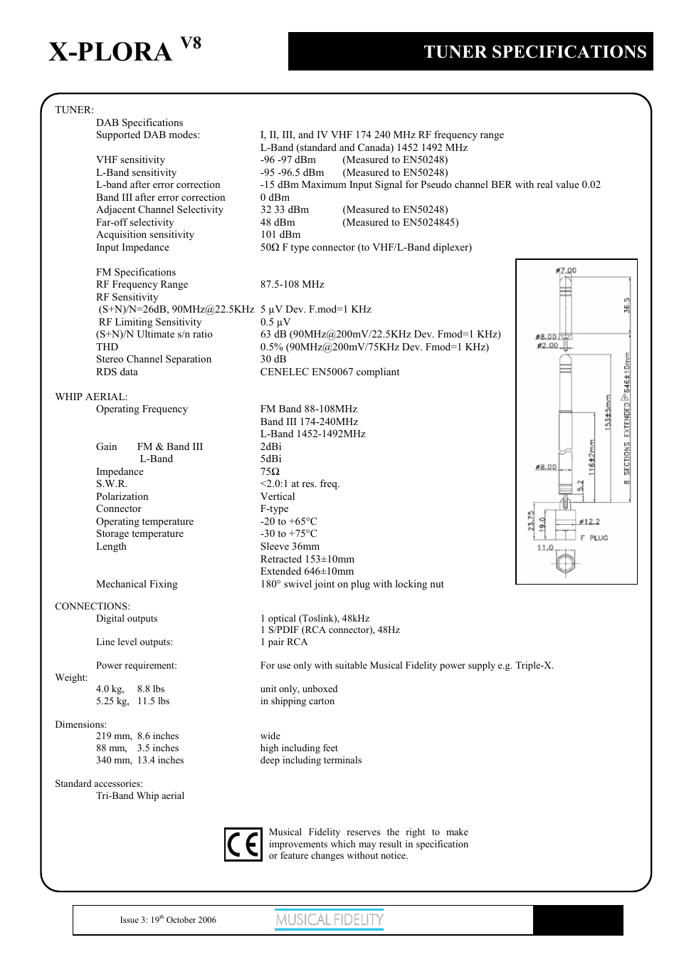 X-plora, Tuner specifications | Musical Fidelity X-PLORA X-V8 User Manual | Page 13 / 14