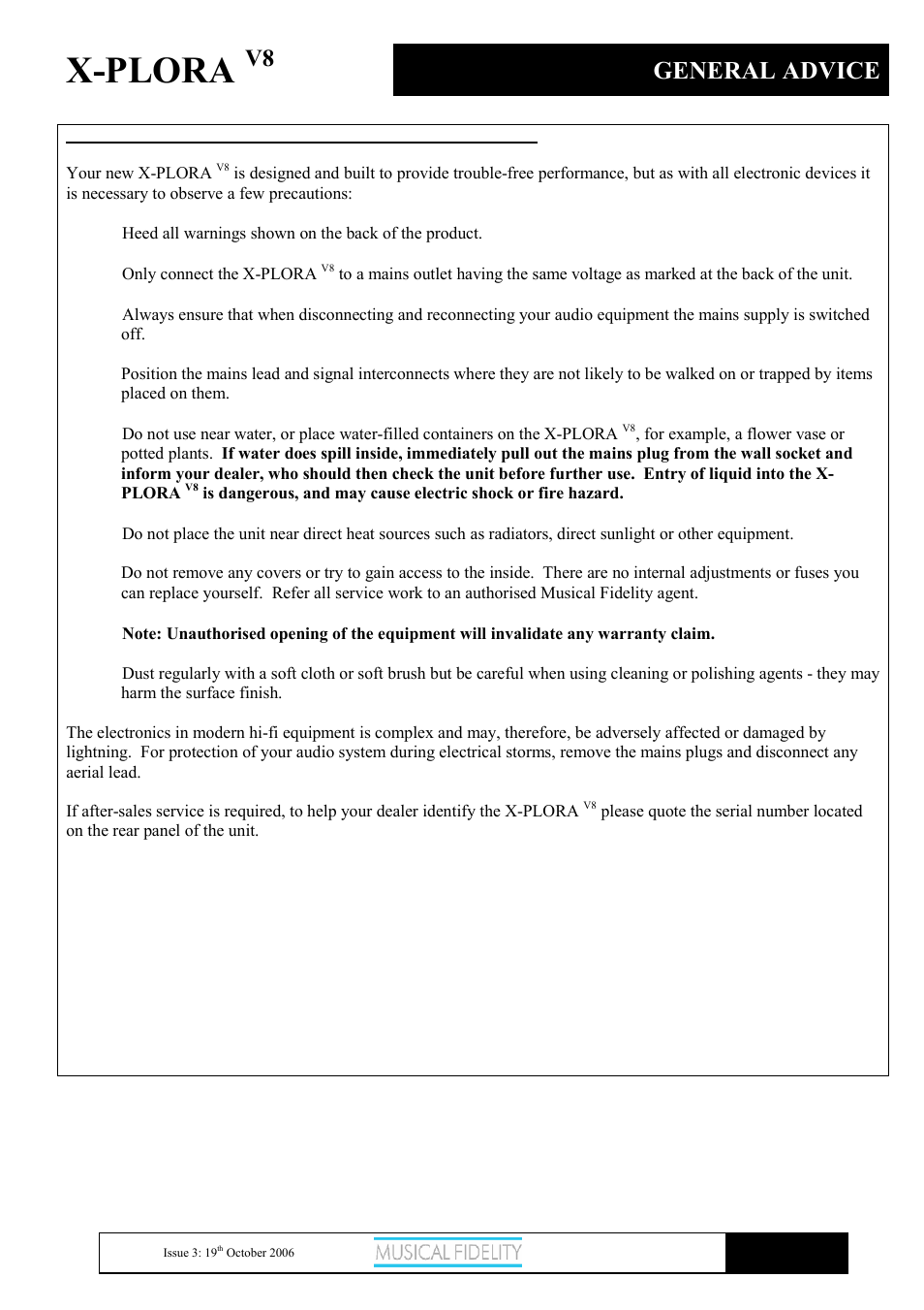 X-plora, General advice | Musical Fidelity X-PLORA X-V8 User Manual | Page 3 / 14