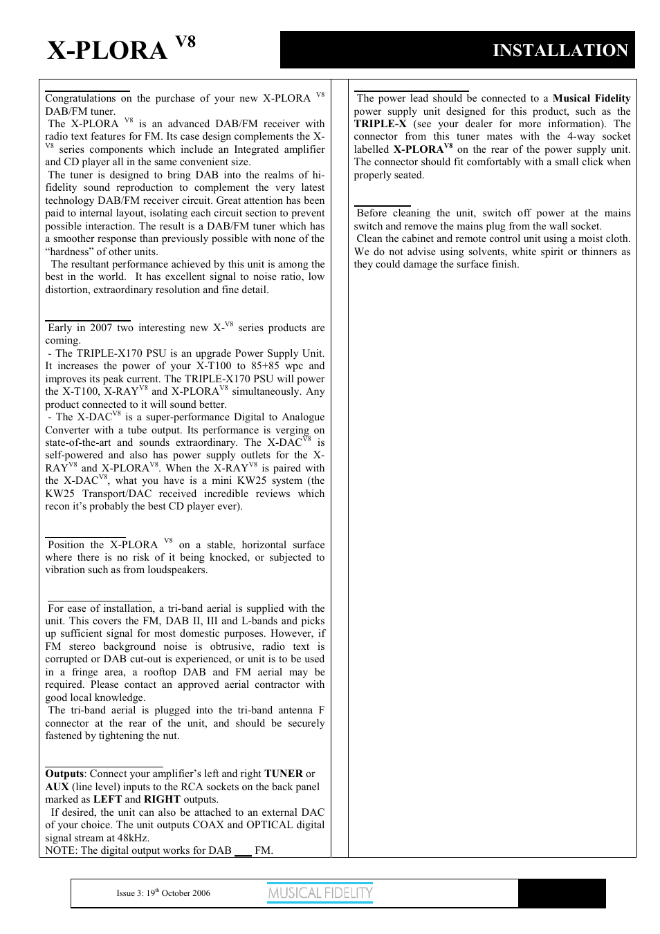 X-plora, Installation | Musical Fidelity X-PLORA X-V8 User Manual | Page 5 / 14