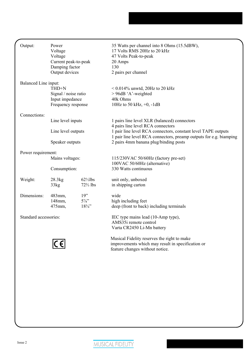Ams35i, Amplifier specifications | Musical Fidelity AMS35I User Manual | Page 11 / 12