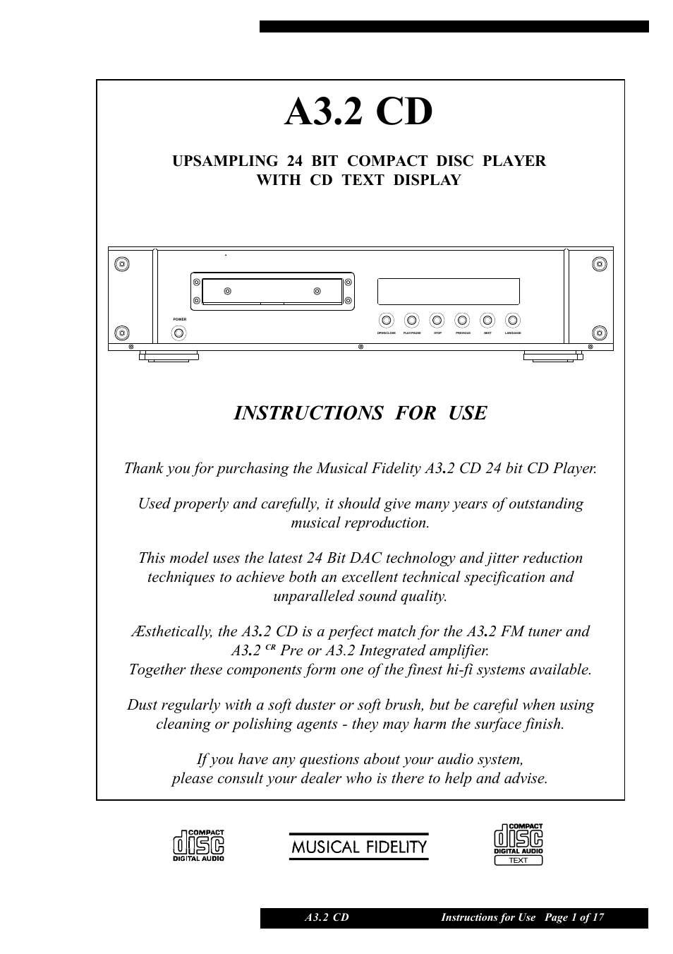 Musical Fidelity A3.2 CD User Manual | 17 pages