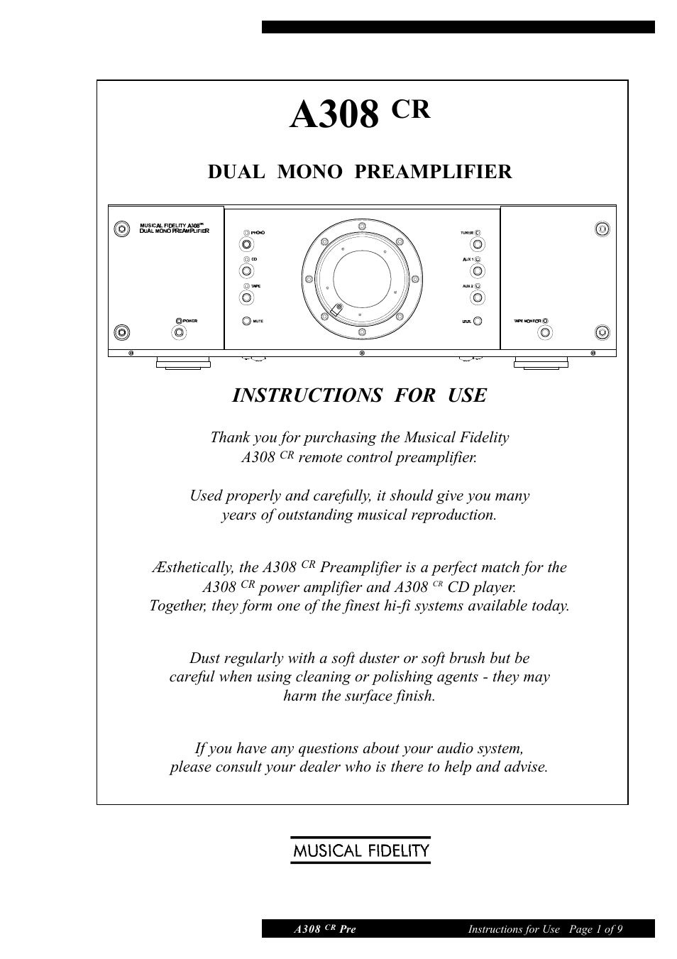 Musical Fidelity A308 CR User Manual | 9 pages