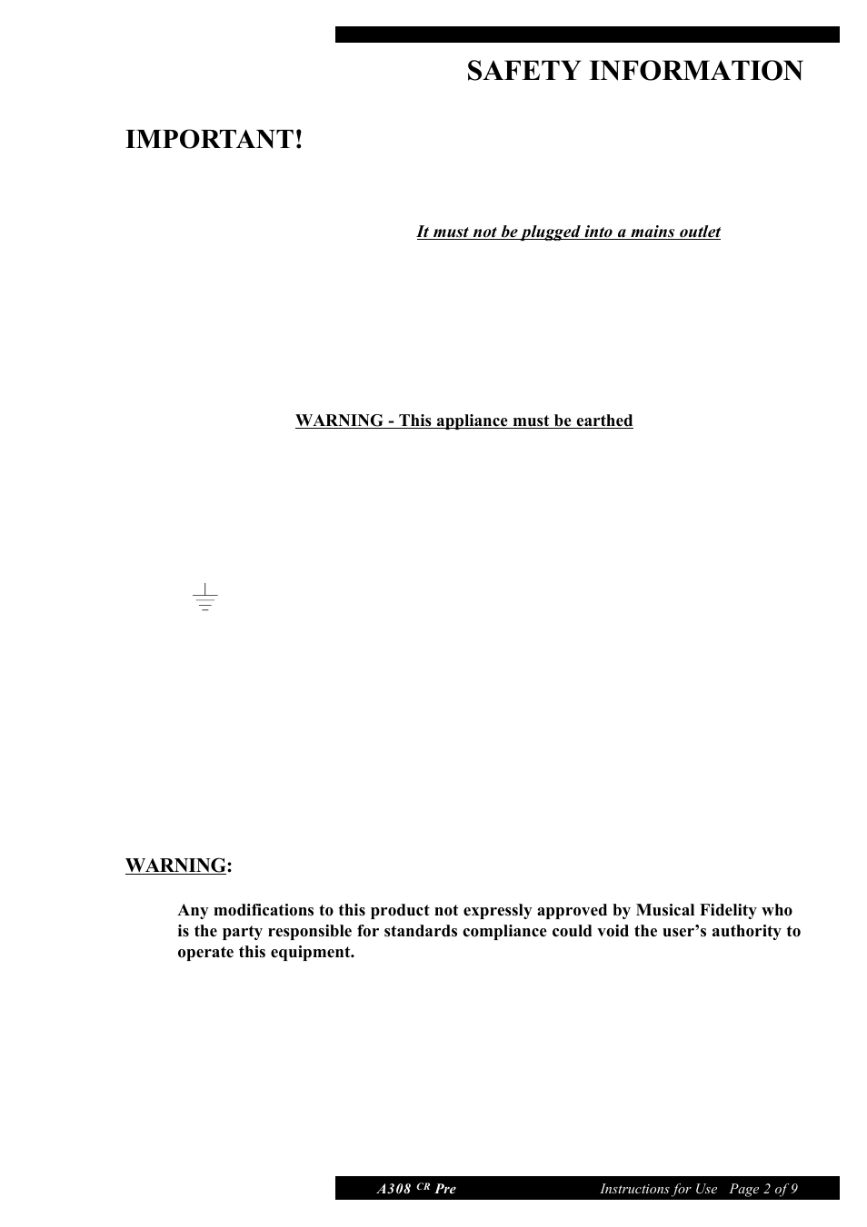 Safety information, Important | Musical Fidelity A308 CR User Manual | Page 2 / 9