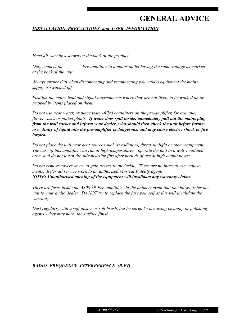 General advice | Musical Fidelity A308 CR User Manual | Page 3 / 9