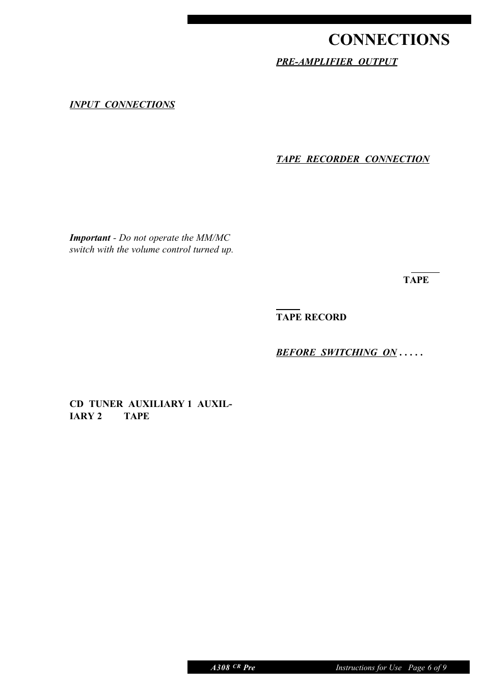 Connections | Musical Fidelity A308 CR User Manual | Page 6 / 9
