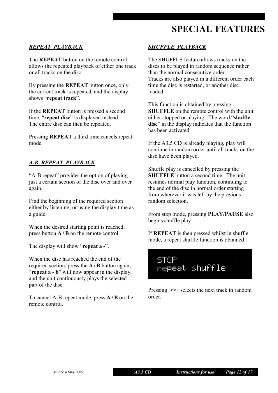 Special, Features | Musical Fidelity A3.5 User Manual | Page 12 / 17
