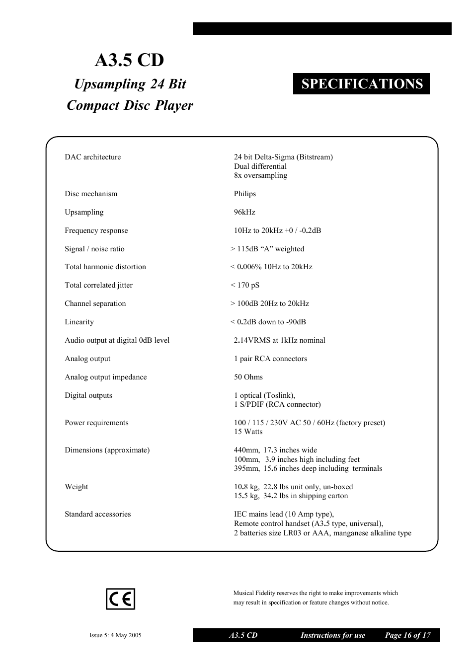 A3.5 cd, Upsampling, 24 bit | Specifications, Compact, Disc, Player | Musical Fidelity A3.5 User Manual | Page 16 / 17