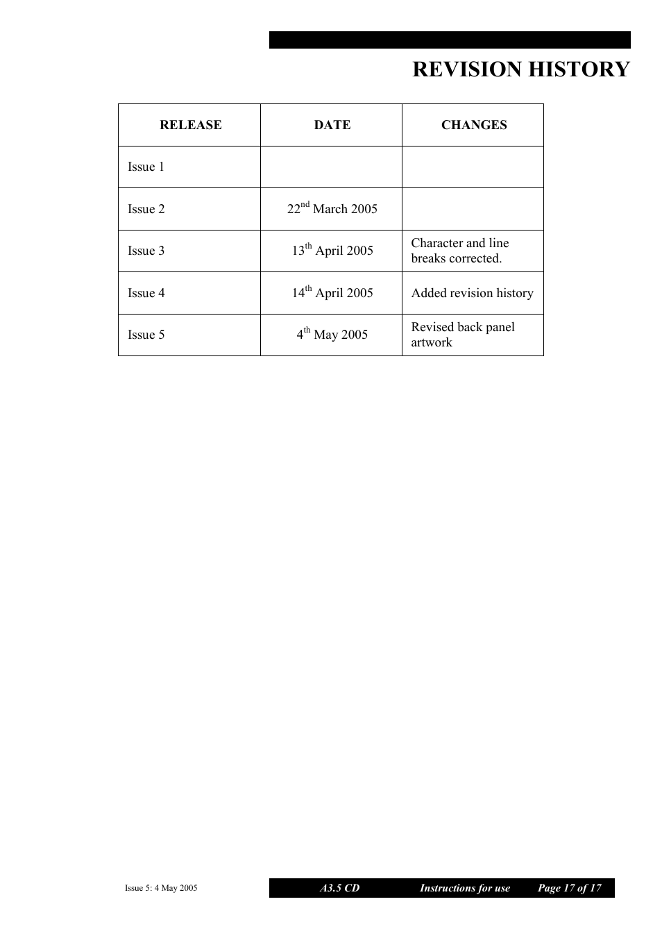 Revision history | Musical Fidelity A3.5 User Manual | Page 17 / 17