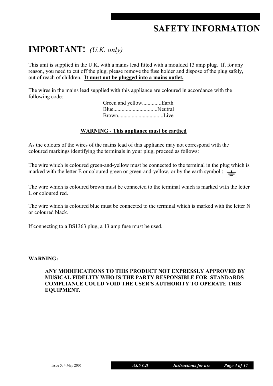 Safety information, Important, U.k. only) | Musical Fidelity A3.5 User Manual | Page 3 / 17