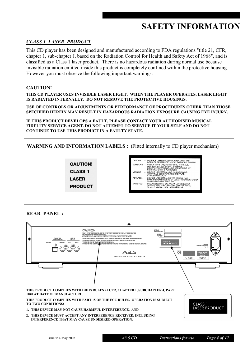 Safety information, Rear panel | Musical Fidelity A3.5 User Manual | Page 4 / 17