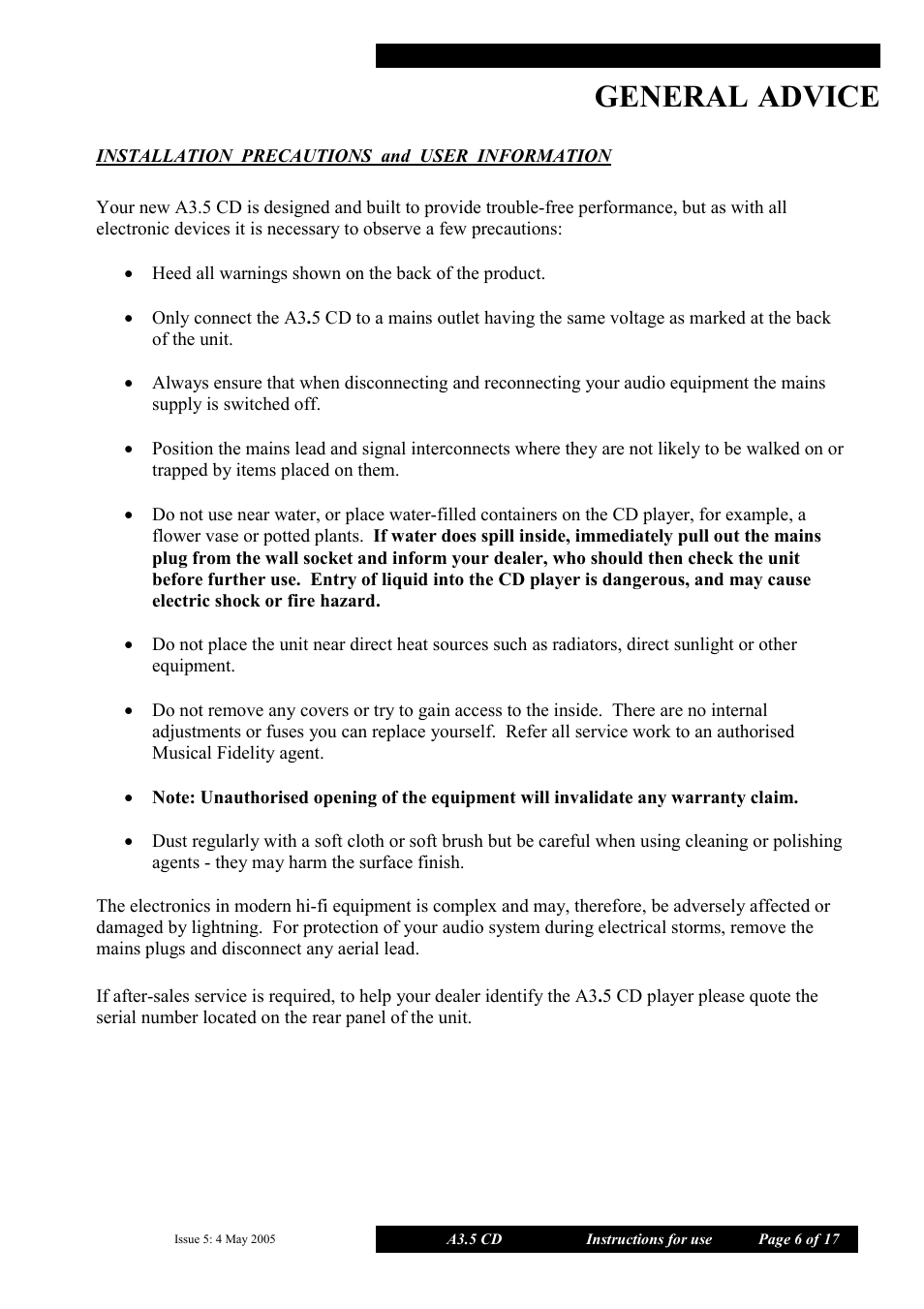 General, Advice | Musical Fidelity A3.5 User Manual | Page 6 / 17