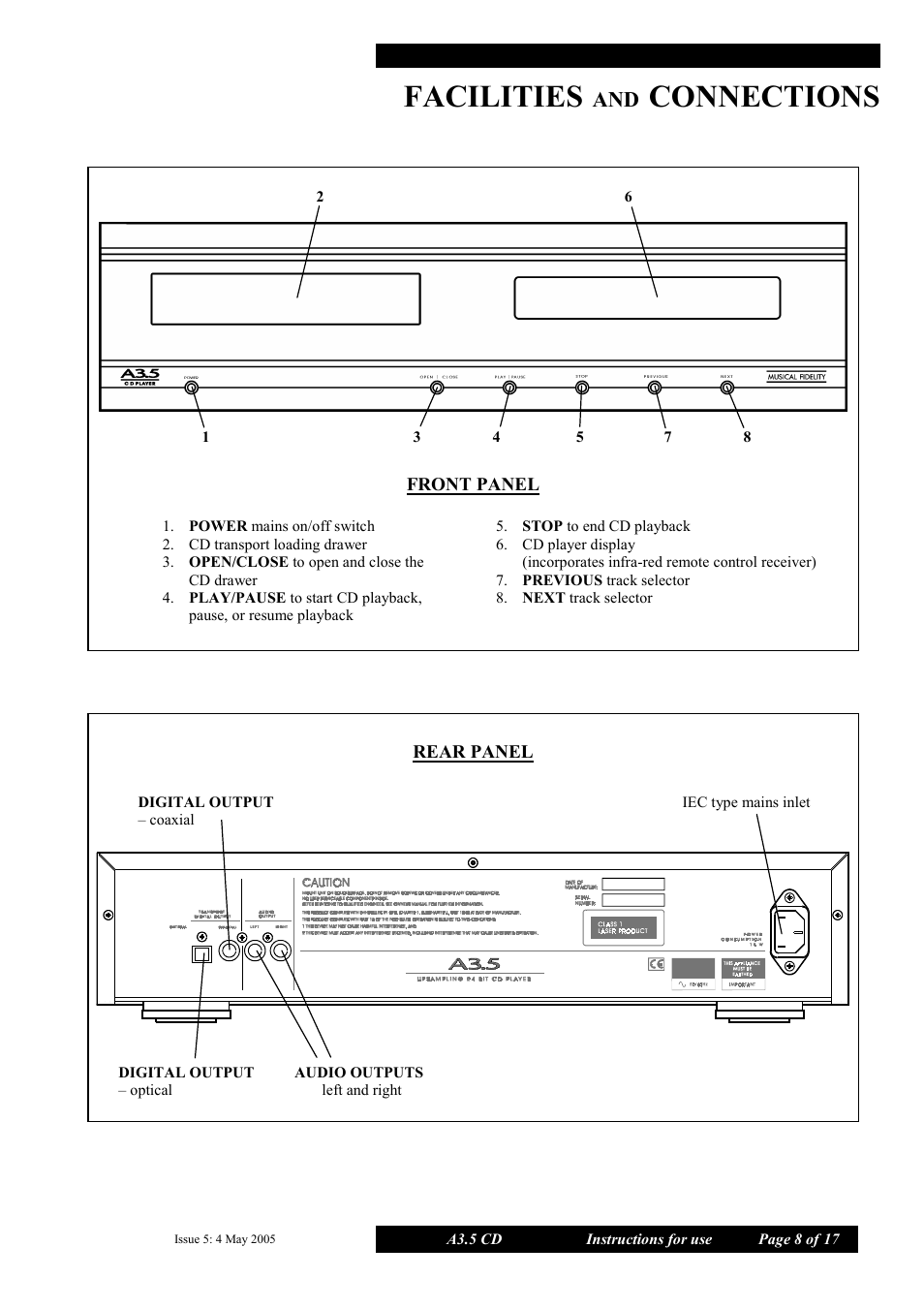 Facilities, Connections | Musical Fidelity A3.5 User Manual | Page 8 / 17