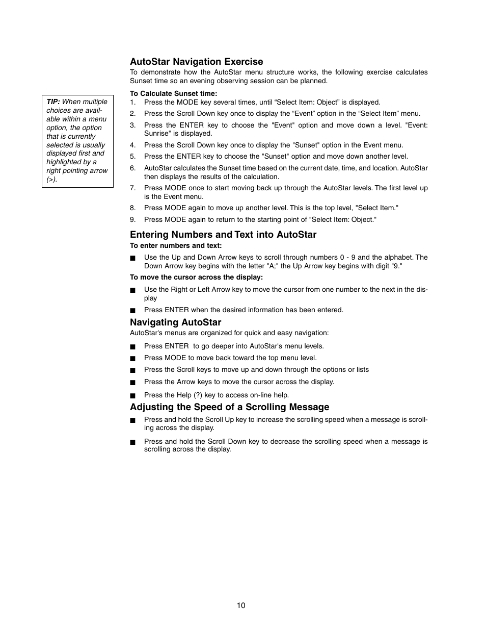 Autostar navigation exercise, Entering numbers and text into autostar, Navigating autostar | Adjusting the speed of a scrolling message | Meade Instruments DS-2102AT-TC User Manual | Page 10 / 20