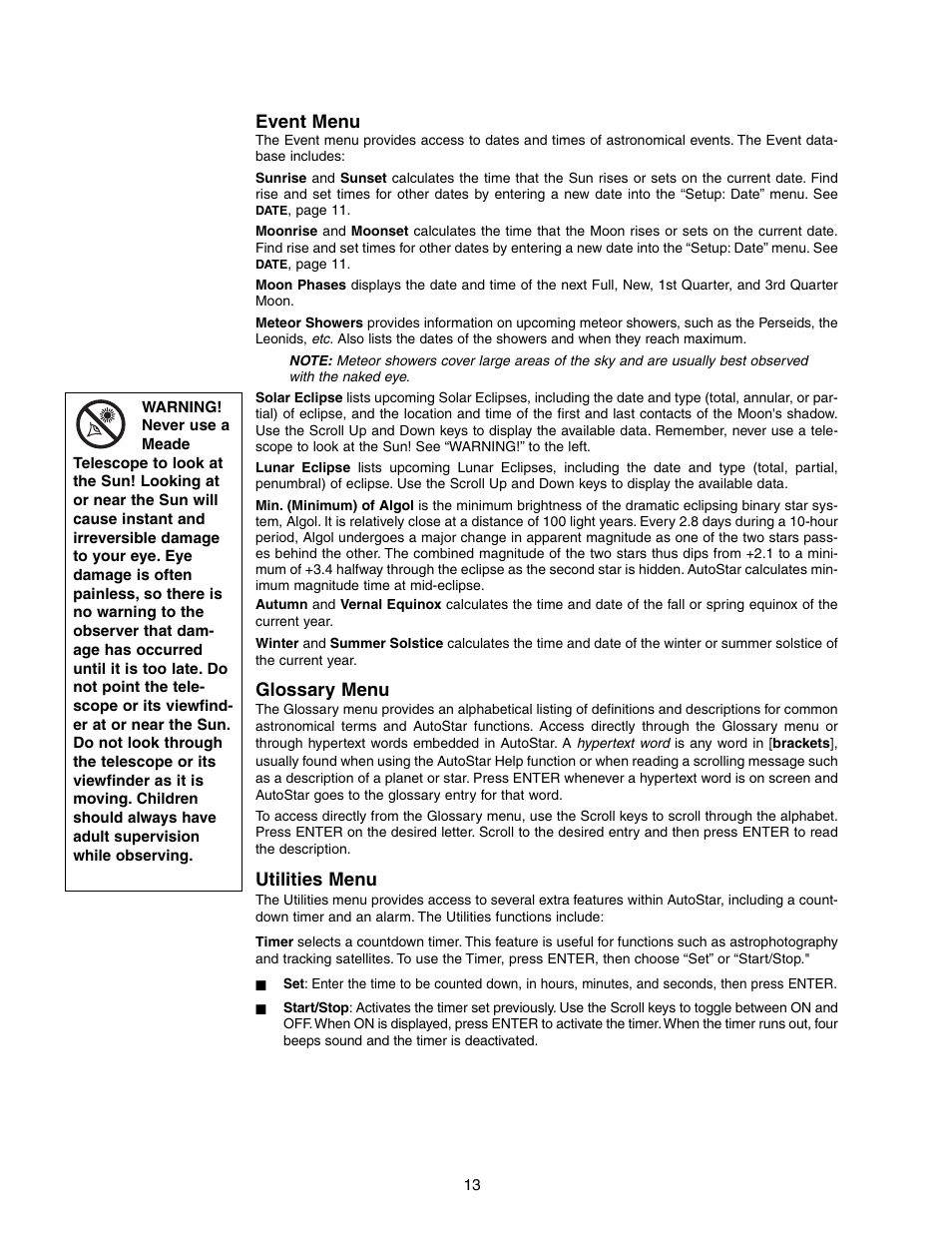 Event menu, Glossary menu, Utilities menu | Meade Instruments DS-2102AT-TC User Manual | Page 13 / 20