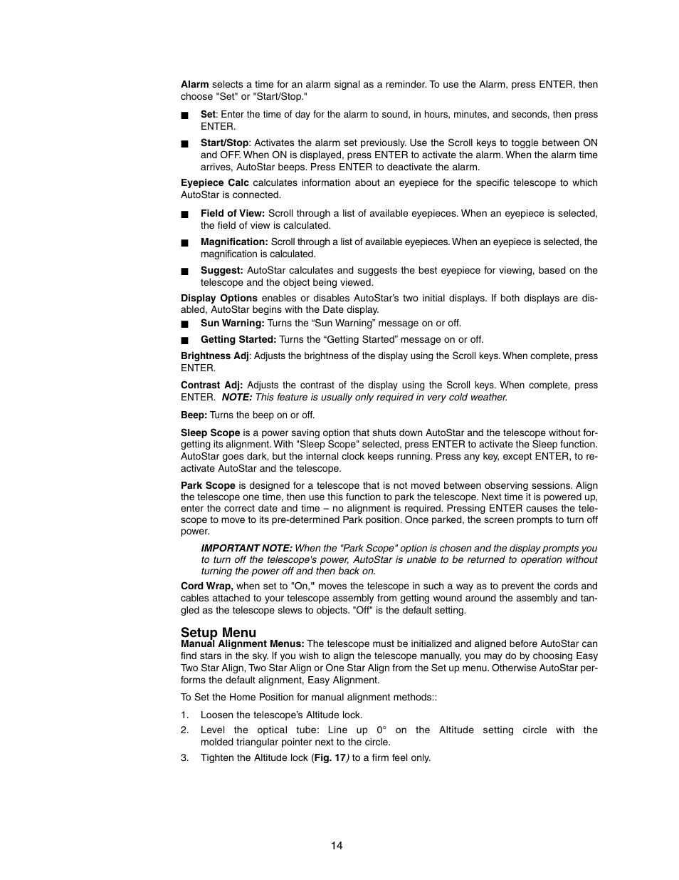 Setup menu | Meade Instruments DS-2102AT-TC User Manual | Page 14 / 20
