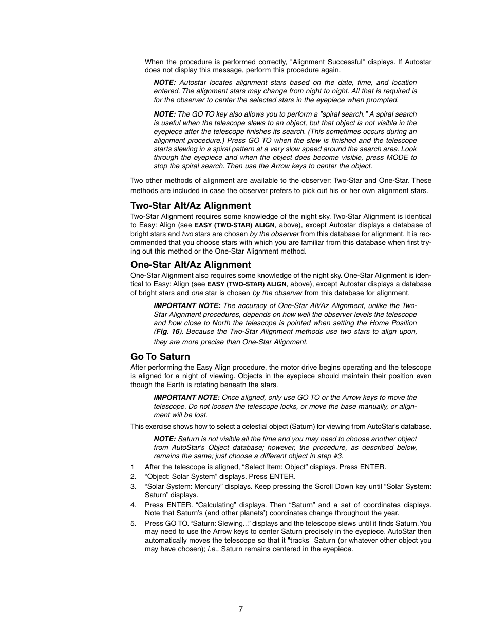 Two-star alt/az alignment, One-star alt/az alignment, Go to saturn | Meade Instruments DS-2102AT-TC User Manual | Page 7 / 20