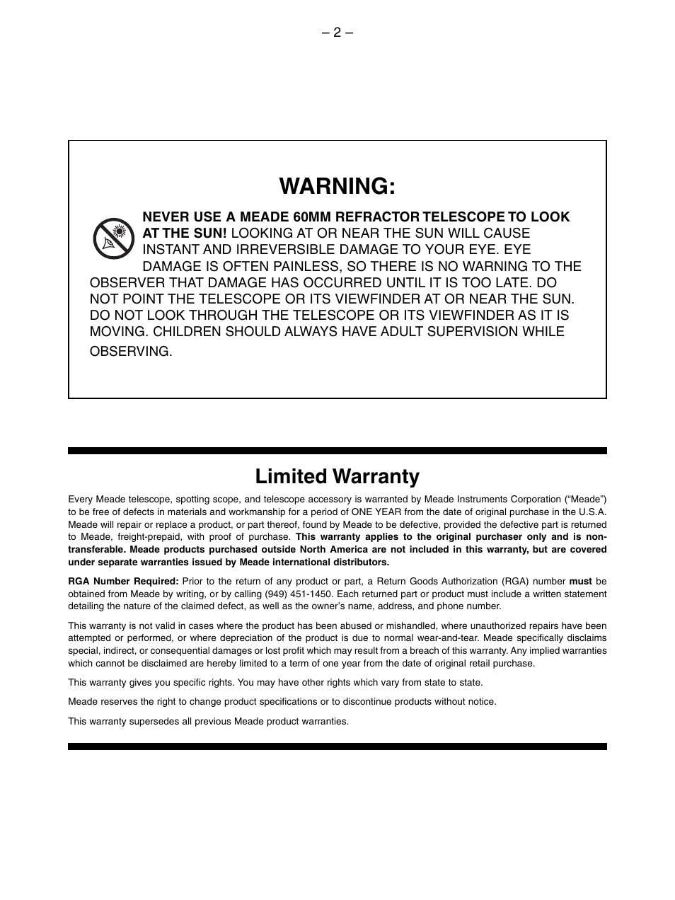 Warning, Limited warranty | Meade Instruments 60EQ-A User Manual | Page 2 / 12