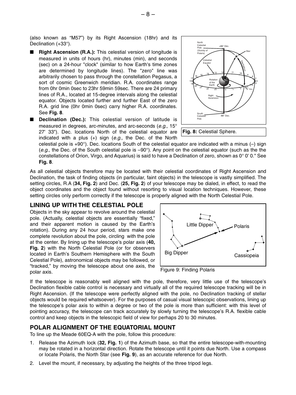 Lining up with the celestial pole, Polar alignment of the equatorial mount | Meade Instruments 60EQ-A User Manual | Page 8 / 12