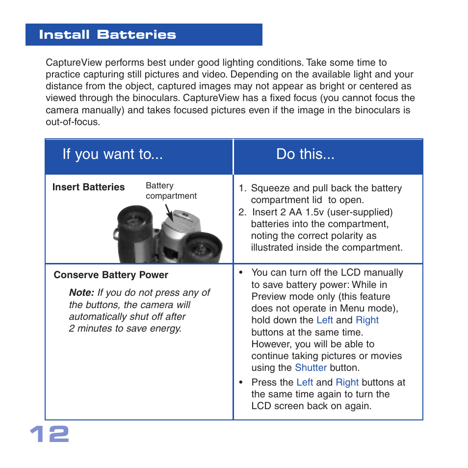 If you want to... do this, Install batteries | Meade Instruments CV-5 User Manual | Page 12 / 32