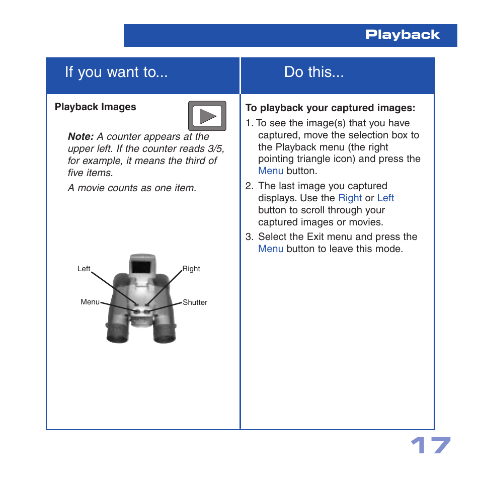 If you want to... do this, Playback | Meade Instruments CV-5 User Manual | Page 17 / 32