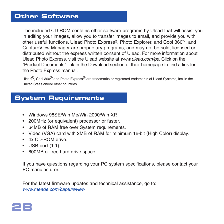 Other software system requirements | Meade Instruments CV-5 User Manual | Page 28 / 32