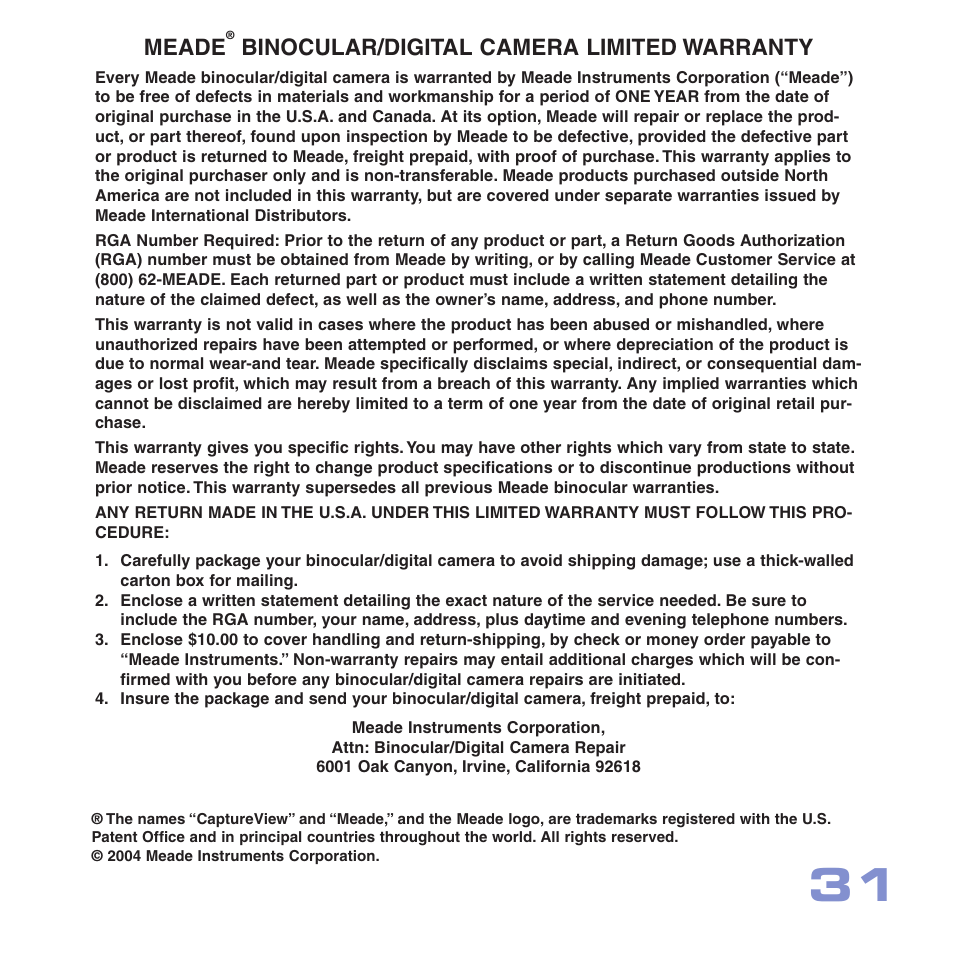 Meade, Binocular/digital camera limited warranty | Meade Instruments CV-5 User Manual | Page 31 / 32