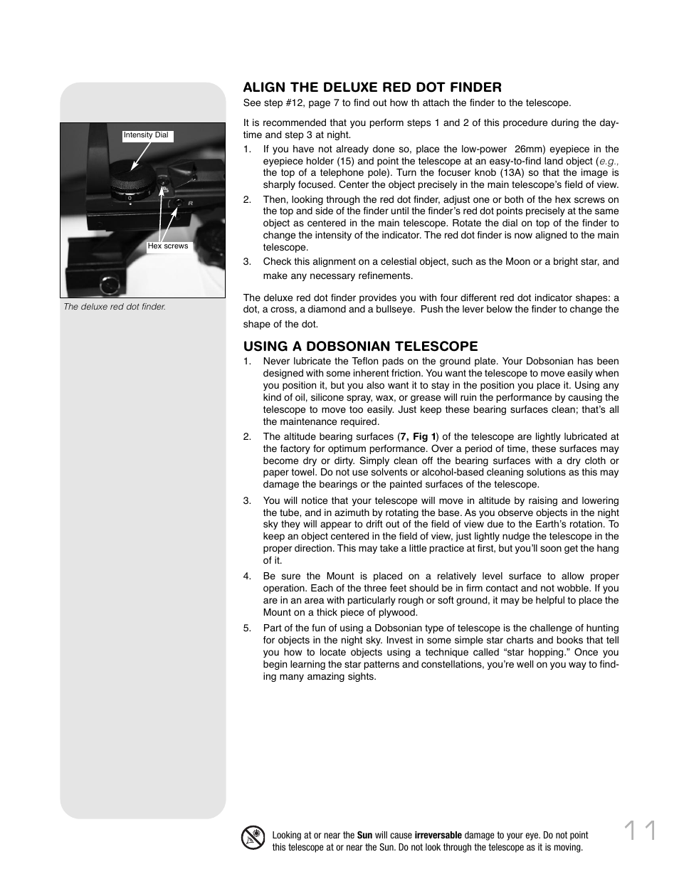 Align the deluxe red dot finder, Using a dobsonian telescope | Meade Instruments LightBridge Truss Tube User Manual | Page 11 / 24