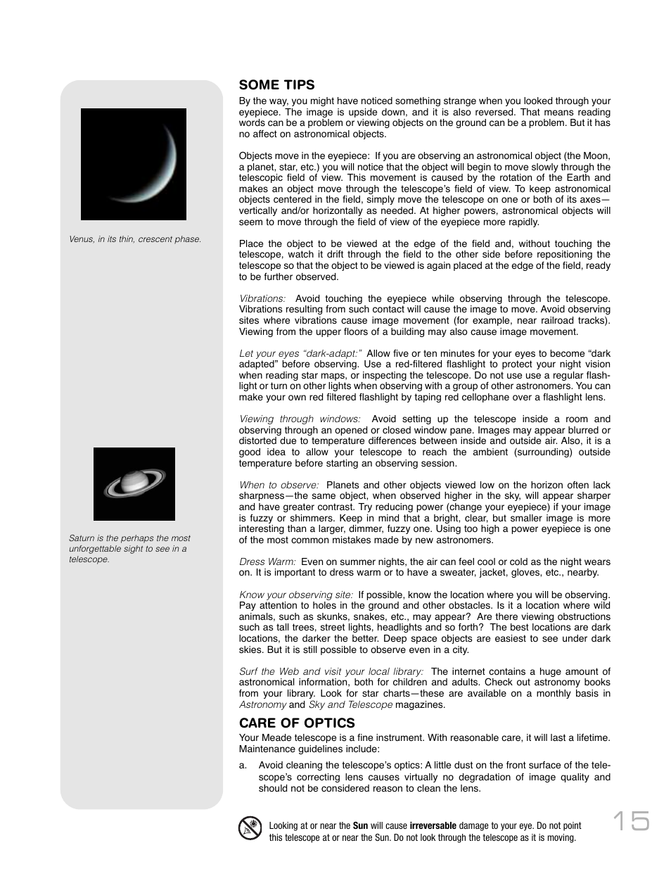 Some tips, Care of optics | Meade Instruments LightBridge Truss Tube User Manual | Page 15 / 24