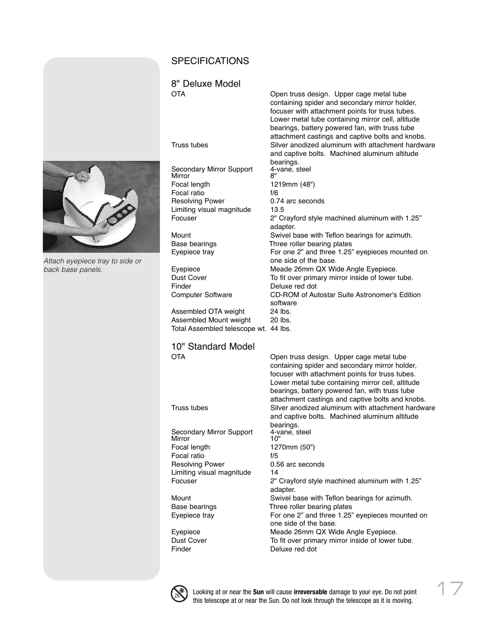 Specifications 8" deluxe model, 10" standard model | Meade Instruments LightBridge Truss Tube User Manual | Page 17 / 24